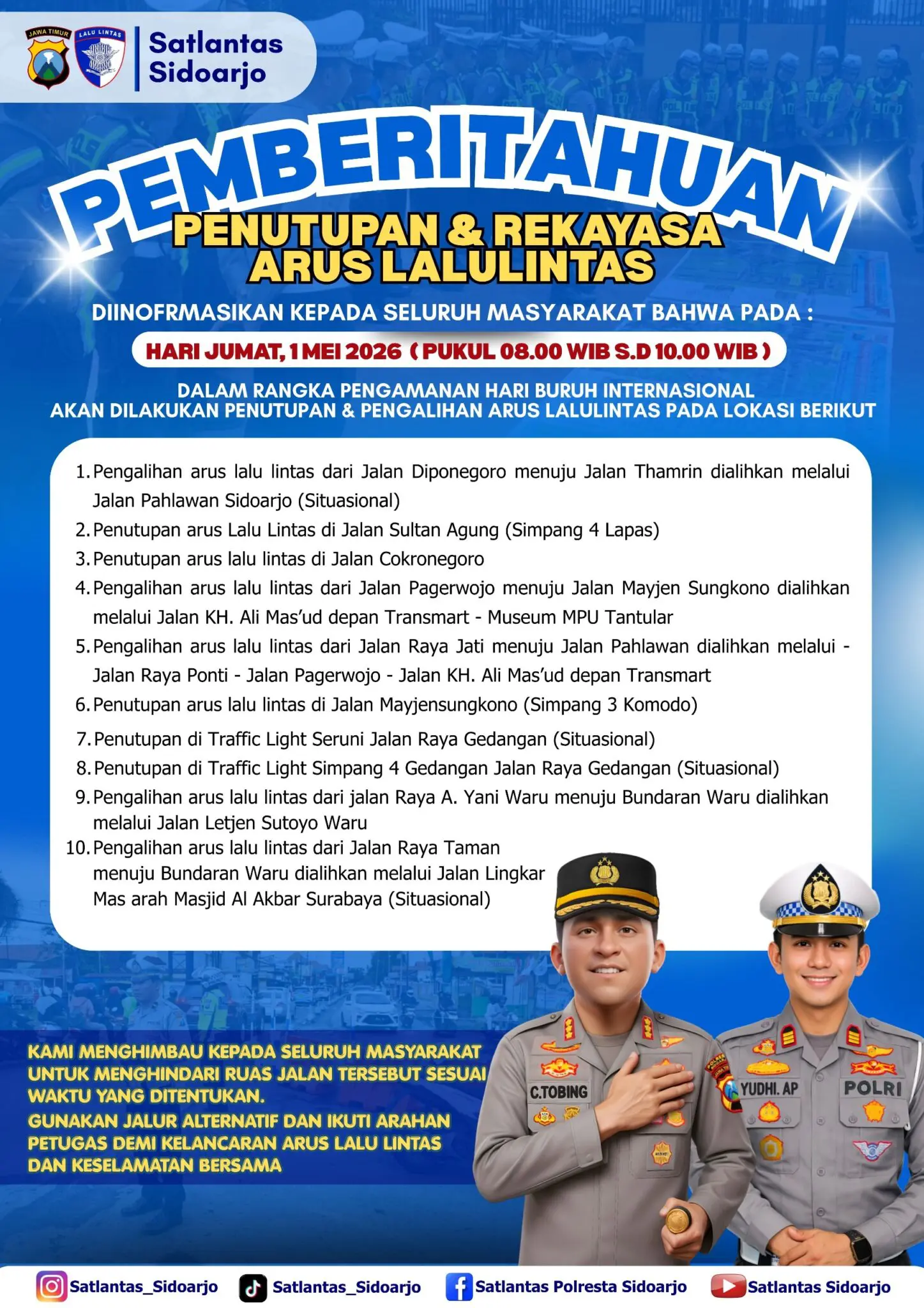 Cek Rute Bepergian, Rekayasa Lalu Lintas Sidoarjo Saat May Day